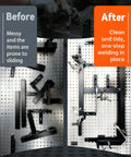 Before and after use of Welding Table Clamps And Fixture Pins Kit, 19 pieces, showing messy vs organized setup on metal grid