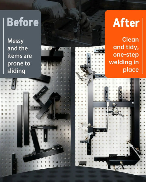 Before and after use of Welding Table Clamps And Fixture Pins Kit, 19 pieces, showing messy vs organized setup on metal grid