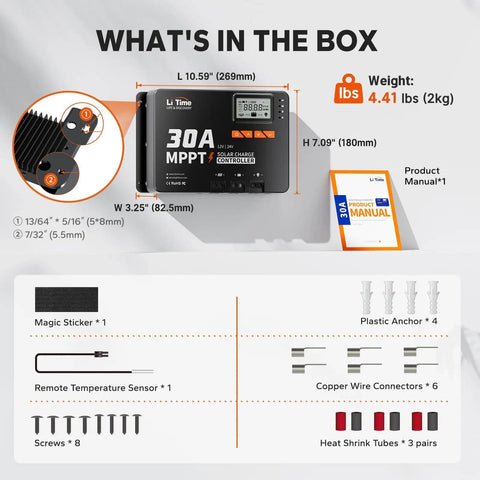 30 Amp MPPT Solar Charge Controller With Built In Bluetooth And LCD Display Auto 12V 24V Input LED Indicators in box contents