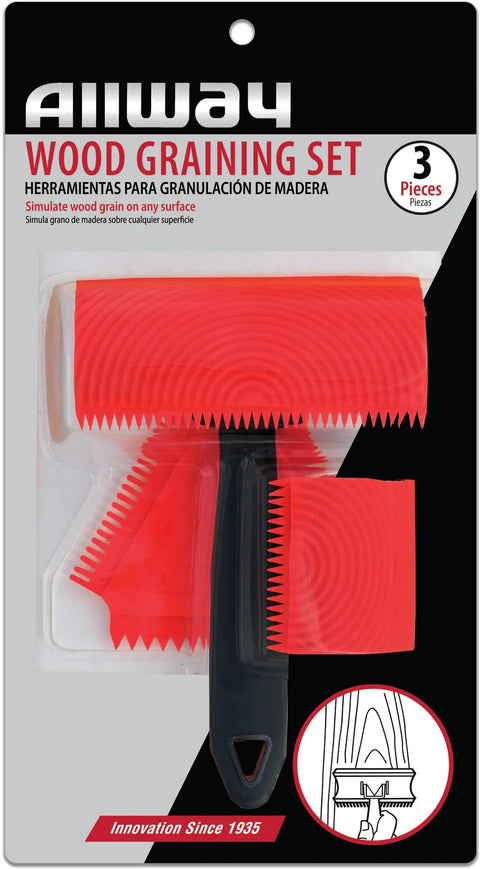 Three Piece Wood Graining Set For Faux Wood Finishes, red tools and detachable handle in packaging
