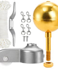 Flag Pole Hardware Kit With 3 Inch Gold Ball Topper, Aluminum Alloy Construction, Weatherproof Flagpole Accessories, 50 Feet Halyard Rope, 4 Inch Cleat Hook With Screws, Four Swivel Snap Hooks, And Pulleys For 2 Inch OD Tubes, shown with rope, cleat, clips, and truck