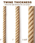 Comparison of jute rope thicknesses: 3/4 inch, 1 inch, and Thick 1.5 Inch Jute Rope 100 Ft Natural Hemp Manila Heavy Duty Twisted