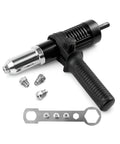 Heavy Duty Pop Rivet Gun Adapter Kit For Cordless Electric Drills With Beefy Aluminum Build And Four Quick Swap Sizes, includes attachments.