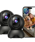 2K 5G Indoor Security Camera With Crying Detection AI Baby Monitor No Monthly Fees 360 Degree Pan Tilt WiFi Pet Camera displayed with app