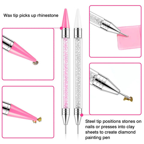 Rhinestone Picker Tool Kit with two bedazzling pens, close-up of wax tips picking up rhinestones for crafting projects.