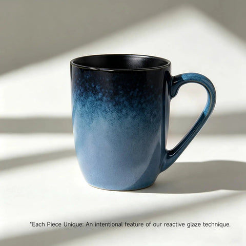 14oz Ceramic Coffee Mugs Set Of 6 With Easy Grip Handle In Ice Snow Blue Glaze With Star Blue Accents And Gold Rim
