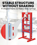 6 Ton Hydraulic H Frame Shop Press With Adjustable Table And Stamping Plates For Auto Repair And Metalworking In Garage Use Beefy Workhorse For Bearing Removal U Joint Installations And Straightening Projects Red, shown in a garage setting.