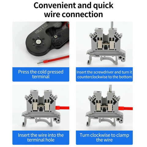 UK-2.5B Din Rail Wire Terminal Block 100Pcs Go-To Set for 12-22 AWG cables, step-by-step wire connection guide, close-up view.