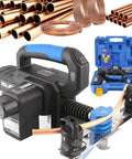Kickass Cordless Hydraulic Tube Bender with Slick Die Set for shaping copper piping up to seven eighths inch, includes tool case.