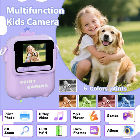 Totally Fun Kids Instant Print Camera With 1080P HD Photo Quality And On The Go Printing In Five Color Options For Playful Everyday Moments And Keepsakes Your Family Will Forever Love. Purple kids instant print camera with screen