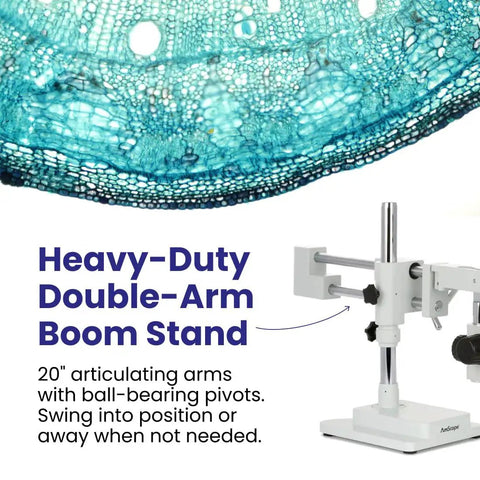 Simul Focal Trinocular Stereo Zoom Microscope With Dual Arm Boom Stand, 3.5X To 90X Magnification, Long Working Distance, A Real Workhorse For Circuit Boards, Dental Appliances, And Electronics Inspection, Includes 10X Eyepieces. Heavy-duty double-arm boom stand for microscope