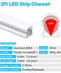 Diagram showing dimensions of U Shape LED Channel For LED Strip Lights 3.3ft 1Meter Thick Milky Diffuser With 60 Degree Curve