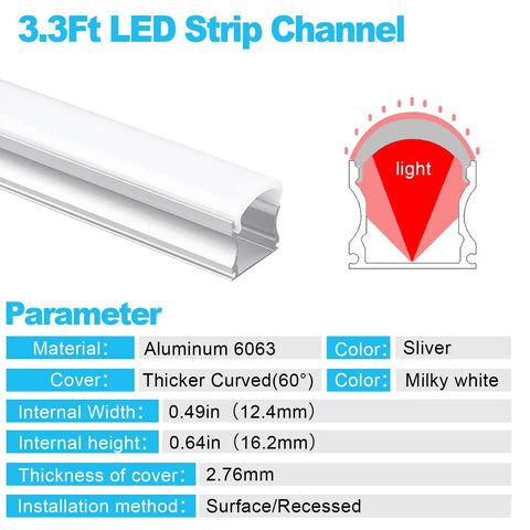 Diagram showing dimensions of U Shape LED Channel For LED Strip Lights 3.3ft 1Meter Thick Milky Diffuser With 60 Degree Curve