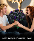15 Black Rose Bouquet Building Set For Gothic Home Decor, DIY Dark Flower Kit With Purple Jewel Centers, No Vase Included, Create Mysterious Elegant Arrangements For A Bold Edgy Interior. Black rose bouquet set held by smiling couple