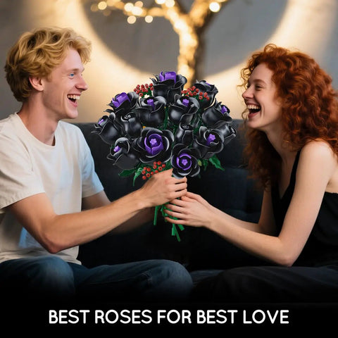 15 Black Rose Bouquet Building Set For Gothic Home Decor, DIY Dark Flower Kit With Purple Jewel Centers, No Vase Included, Create Mysterious Elegant Arrangements For A Bold Edgy Interior. Black rose bouquet set held by smiling couple