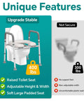 Heavy Duty Aluminum Toilet Seat Riser For Seniors With Sturdy Handle Bars And Thick Memory Padded Cushion Takes 400 Pounds No Sweat Install Quick Bathroom Swap with adjustable height and width features.
