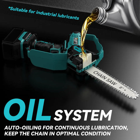 Auto oiler demonstration for Two In One Cordless Mini Chainsaw With 800W Brushless Motor, 8 Inch And 6 Inch Cutting Bars, No Battery Included.