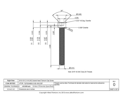 5/16-18 X 2-1/4 Inch Unc Socket Head Cap Screw Grade 2 True Titanium Polished Finish side view with dimensions.