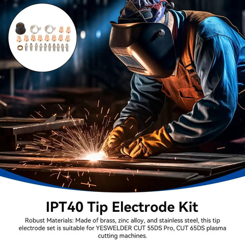 Worker using plasma cutting torch and IPT40 Tip Electrode Kit for CUT 55DS Pro, precise efficient metal cutting.