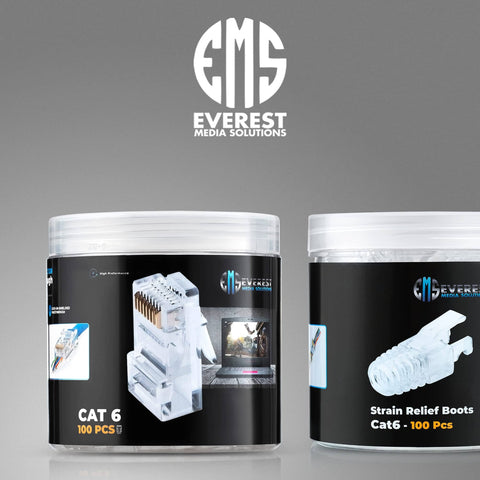 RJ45 Cat6 Pass Through Connectors and Strain Relief Boots Pack of 100 EZ to Crimp Modular Plugs containers front view