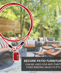 Red Six Point Six Feet Double Loop Security Cable Lock With Two Point Five Millimeter Braided Steel Construction And Three Digit Combination Lock For Bike Luggage Outdoor Gear And Clothesline Two Pack shown securing patio furniture.