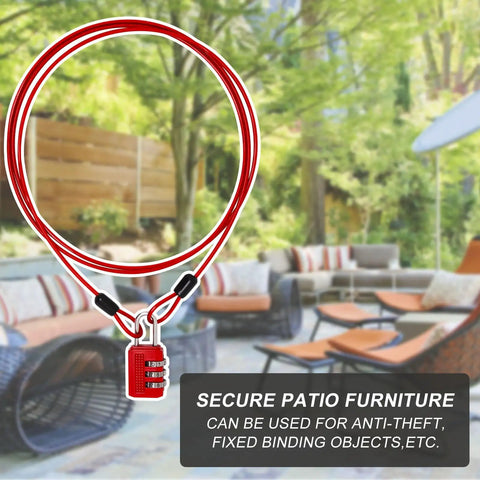 Red Six Point Six Feet Double Loop Security Cable Lock With Two Point Five Millimeter Braided Steel Construction And Three Digit Combination Lock For Bike Luggage Outdoor Gear And Clothesline Two Pack shown securing patio furniture.