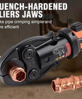 Badass Heavy Duty 18V Brushless Cordless Hydraulic Crimping Tool Kit With Swappable Dies For Fast Copper And Aluminum Cable Lug Terminal Crimping Projects close-up of quench-hardened pliers jaws crimping a copper pipe.