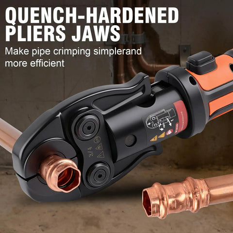 Badass Heavy Duty 18V Brushless Cordless Hydraulic Crimping Tool Kit With Swappable Dies For Fast Copper And Aluminum Cable Lug Terminal Crimping Projects close-up of quench-hardened pliers jaws crimping a copper pipe.