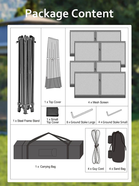 Package contents for 13x13 Pop Up Gazebo With Mosquito Netting, showing frame, mesh screens, stakes, cover, and carrying bag.