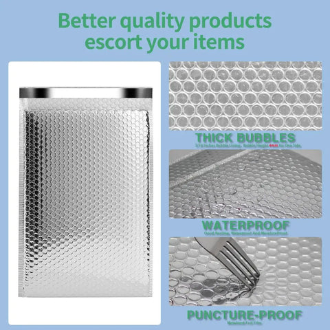 Close-up of 8X11 Thermal Bubble Mailers Pack Of 10 For Cold Shipping Insulated Foil Mailing Envelopes waterproof and puncture-proof.
