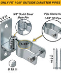 Heavy Duty Wall Mount Gate Hinges For 1 3 8 Inch Pipe Frames showing clamp details, solid steel material, and size specifications.