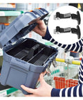 Person inspecting storage box with Beefy Rubber Latch Set 4 Pack With Stainless Steel Buckles And Spring Tension for secure closure