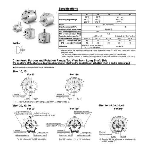 Diagram of Rotary Actuator Vane Type CDRBS Series Models CDRBS10 to CDRBS30, showing technical specs and rotation ranges.