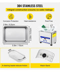 Slick 800Ml Ultrasonic Cleaner With 35W Power And 40Khz Waves showing 304 stainless steel tank and cleaning basket, dimensions including rust-free features.