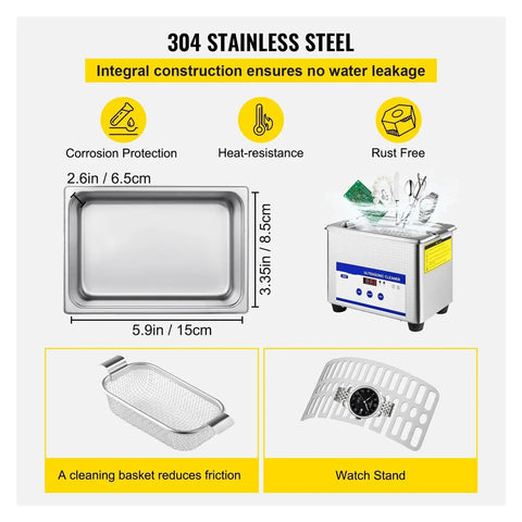 Slick 800Ml Ultrasonic Cleaner With 35W Power And 40Khz Waves showing 304 stainless steel tank and cleaning basket, dimensions including rust-free features.