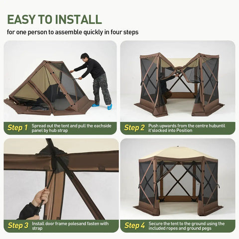 Step-by-step assembly of 12x12 Foot Pop Up Canopy Tent With Mesh Panels for camping, backyard hangouts, patio or lawn.