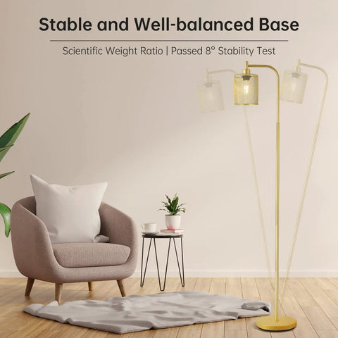 Tall Gold Floor Lamp With Iron Mesh Lampshade 67 Inch LED Standing Lamp Brass Base in living room near chair and table