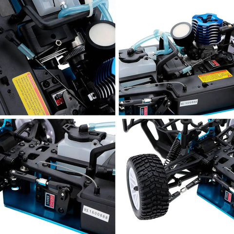 Detailed view of the 1 To 10 Scale Nitro RC Truck 4WD Off Road Beast For Adults Two Speed Remote Control Car engine and components.