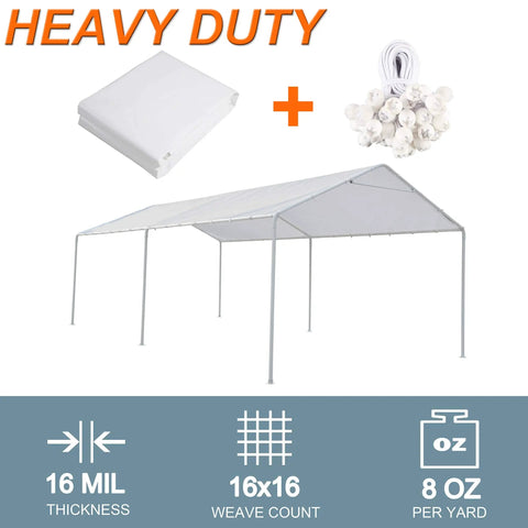 10x20 Ft Carport Replacement Canopy Cover with PE Shelter Tarp, Heavy Duty for tent, includes free 44 ball bungee cords
