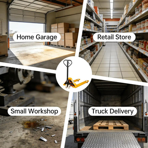 Hustle Heavy Freight With This Heavy Duty Manual Pallet Jack Featuring 5500 Pound Capacity 48 X 27 Inch Forks And A Smooth Leakproof Hydraulic Pump For No Sweat Factory Moves in a home garage and retail store setting.