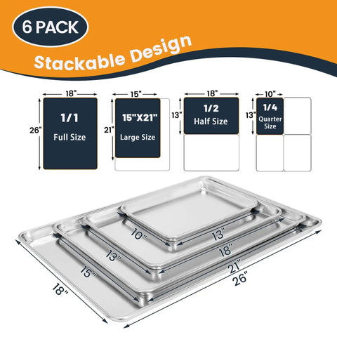 Six Pack Full Size Aluminum Baking Sheets Set, Nonstick Durable Cookie Sheets 26 By 18 Inches, NSF Certified, stackable design