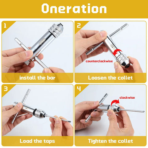 Two Pack Ratchet T Handle Tap Wrenches, Adjustable T Bar Handles shown with reversible ratcheting action and installation steps.