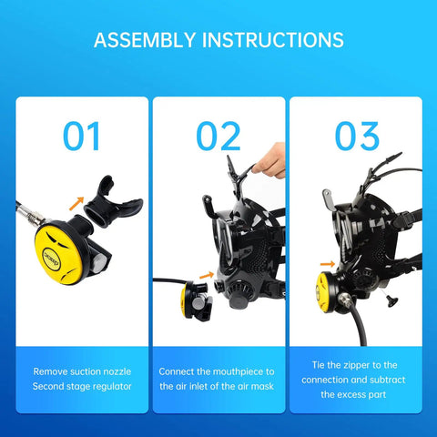 Step-by-step assembly instructions for Full Face Diving Mask For Adults With Adjustable Silicone Straps, Scuba Mask With Camera Mount