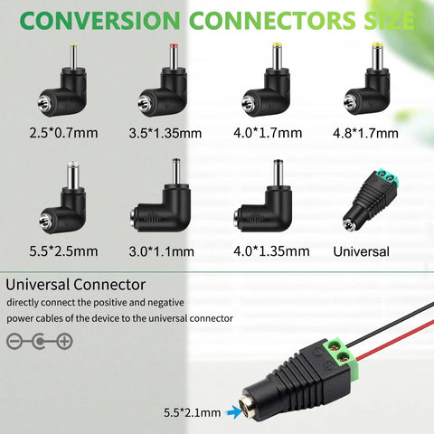 Heavy Duty Ride Ready 12v DC Car Charger Cord with Eight Swappable Plugs and conversion connectors sizes for adapters.