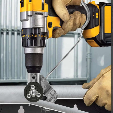 Close-up of Pro Grade Drill Plate Cutter Attachment for Metal Sheets being used on a metal surface with handheld drill, 2025 Upgraded Nibbler Style Cutter.