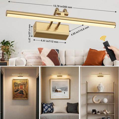 Cordless Battery Operated Picture Light With 4000mAh Rechargeable Battery, Remote Control, Gold Finish in living room settings