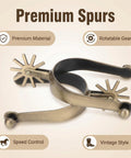 Dope Roller Ball Spurs For Cowboy Boots Two Pack Men And Women Rust Resistant Zinc Alloy Horse Spurs on display with rotatable gear