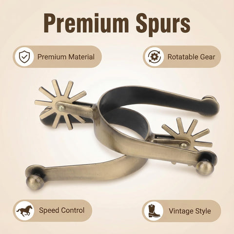 Dope Roller Ball Spurs For Cowboy Boots Two Pack Men And Women Rust Resistant Zinc Alloy Horse Spurs on display with rotatable gear
