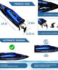 Beast 14 Inch RC Boat For Lakes And Pools With Dual 1100mAh Batteries, showing boat dimensions, propeller, and safety features