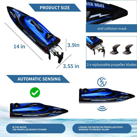 Beast 14 Inch RC Boat For Lakes And Pools With Dual 1100mAh Batteries, showing boat dimensions, propeller, and safety features